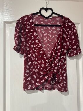 All in Favor Wine Floral Twist-Front V-Neck Blouse